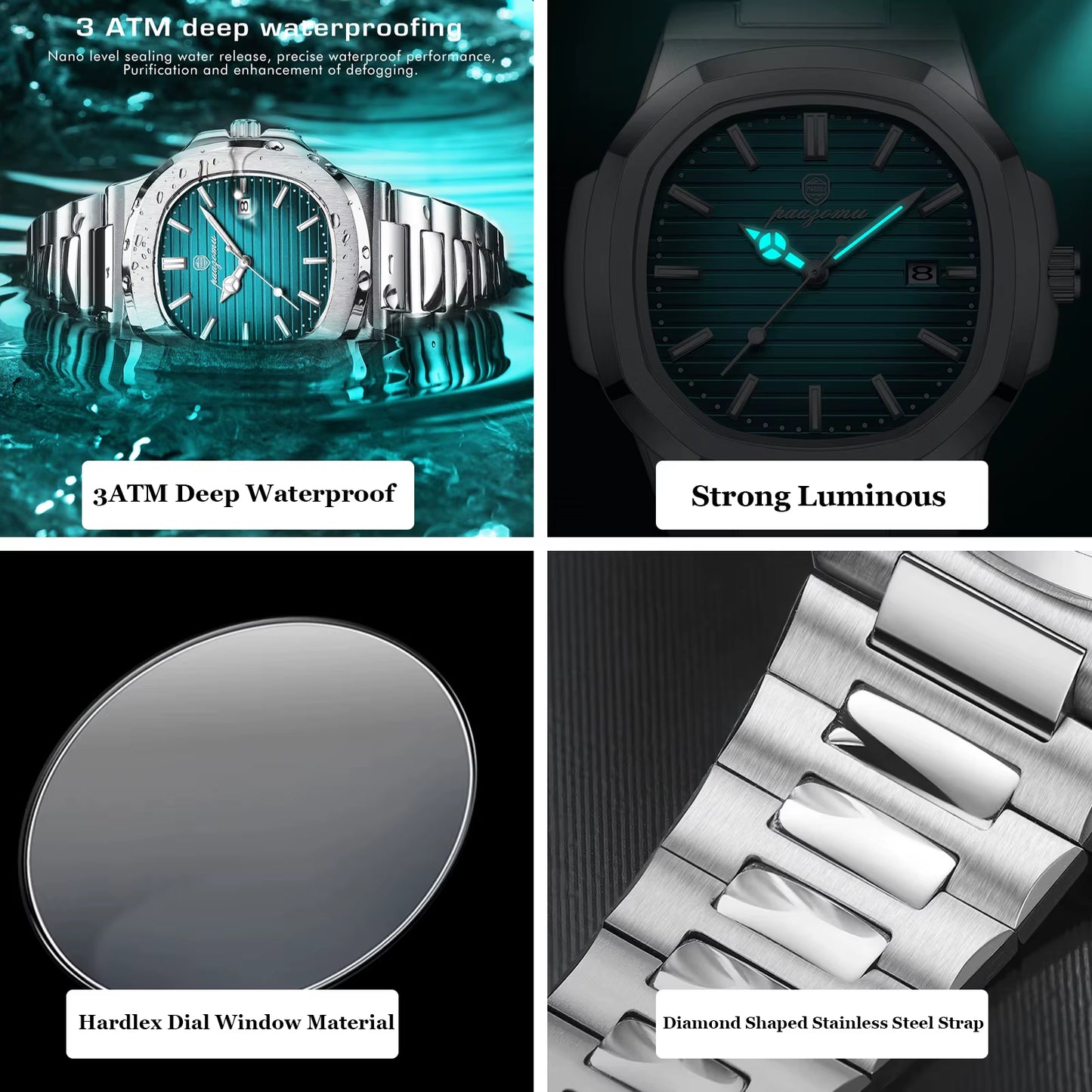 Luxury Watch Business Waterproof Male Clock Luminous Date Stainless Steel Square Quartz Men Watch Reloj Hombre 2024 New