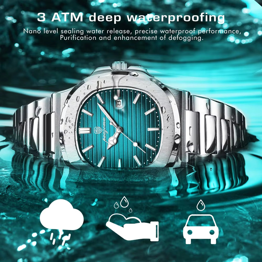 Luxury Watch Business Waterproof Male Clock Luminous Date Stainless Steel Square Quartz Men Watch Reloj Hombre 2024 New
